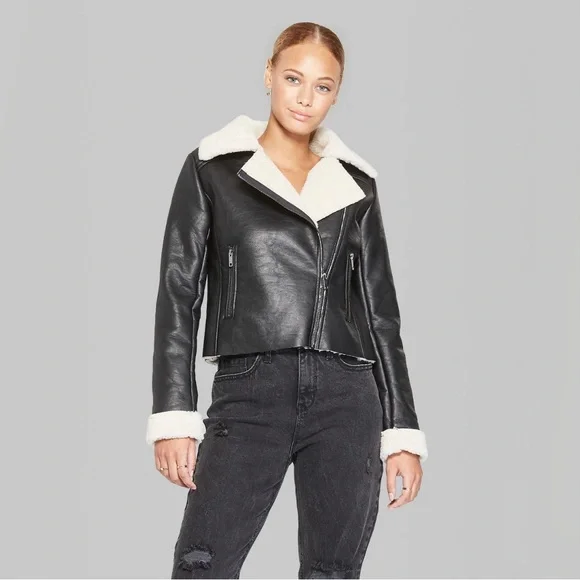 wild fable, Jackets & Coats, Wild Fable Vegan Black Leather Biker Jacket  With Off White Sherpa Lining